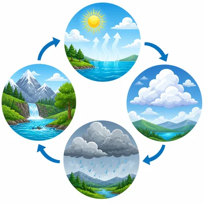 Four picture stages of the water cycle connected by arrows.