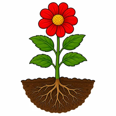 A flowering plant showing roots, leaves, and a flower.