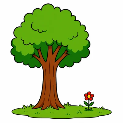 A large tree next to a small flower plant.