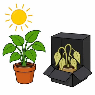 One plant grows in sunlight while another droops in a dark box.