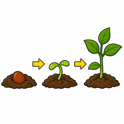 A seed, sprout, and small plant showing plant growth steps.