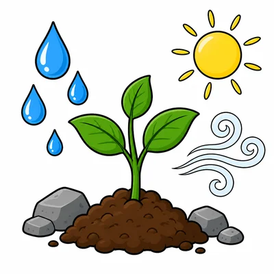 A small plant with water, sunlight, air, and rocks around it.