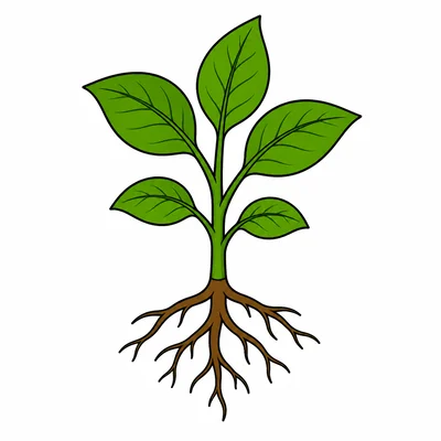 A plant showing roots, a stem, and leaves.