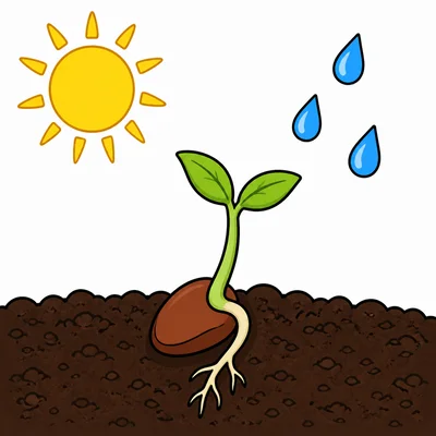 A seed sprouting in soil with water and sunlight.