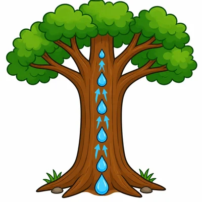 A tree trunk holding branches and carrying water upward.