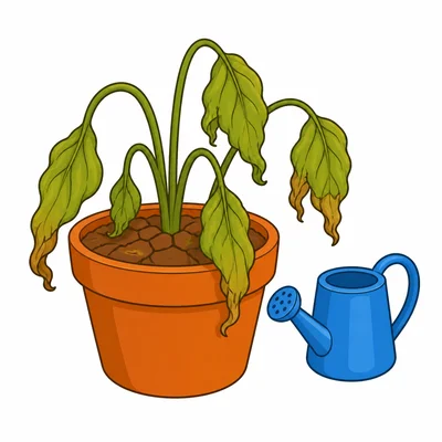 A droopy plant in dry soil with a watering can nearby.