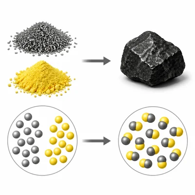 Iron and sulfur combining into one dark product with a particle model of joined spheres.