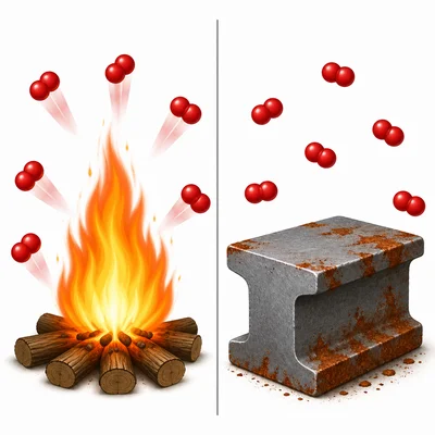 Oxygen involved in a flame on one side and rusting metal without flame on the other.