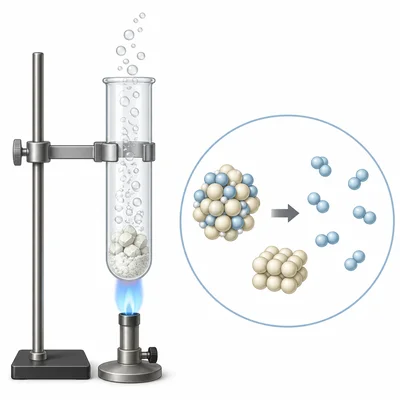 Heated crystals break down into a solid residue and escaping gas.