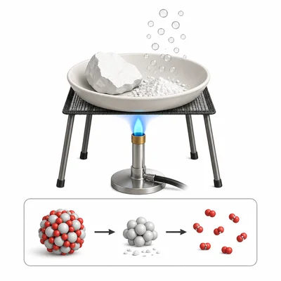 A heated white solid breaking into powder and gas bubbles.