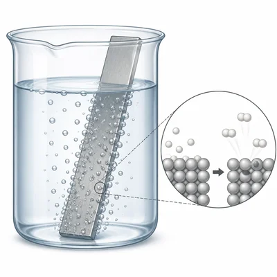 A zinc strip in liquid producing bubbles, with particles showing one substance replacing another.