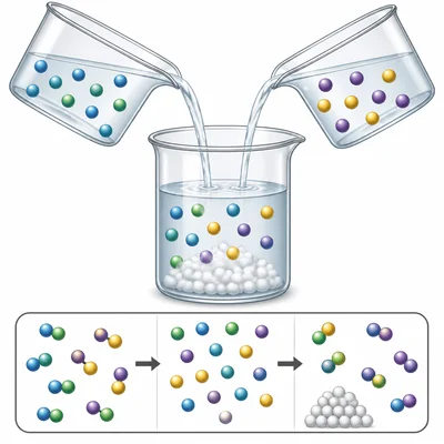 Two clear liquids mix and form a cloudy white precipitate as particles swap partners.