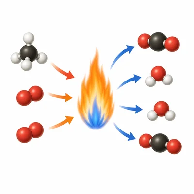 Methane and oxygen enter a flame and form carbon dioxide and water molecules.