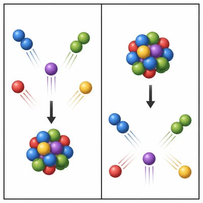 Particles combining in one panel and a particle cluster breaking apart in another panel.