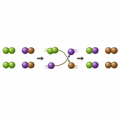 Green particles replace brown particles in paired molecules, leaving brown pairs separate.