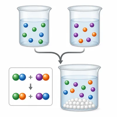 Two solutions combine, particles exchange partners, and a white solid settles out.
