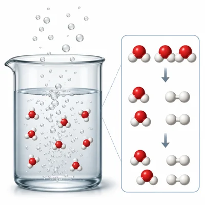 Hydrogen peroxide breaking down into liquid water and oxygen bubbles.
