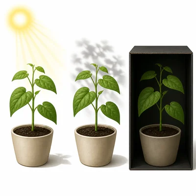 Three bean plants in identical pots receiving full light, partial light, and darkness.