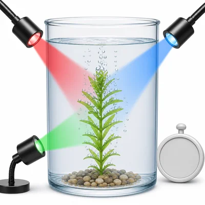 Aquatic plant producing bubbles under red, blue, and green lights.