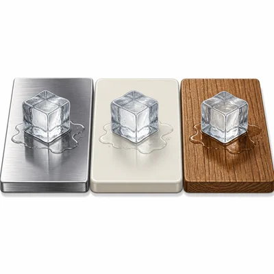Equal ice cubes melting on metal, plastic, and wood surfaces.