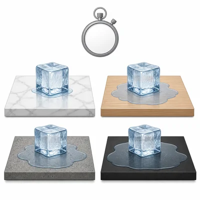 Ice cubes on different surfaces melting at different rates.