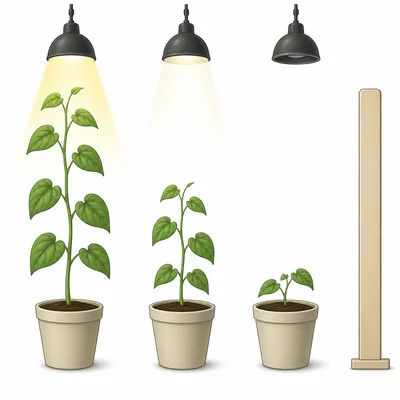 Bean plants of different heights under different light conditions.