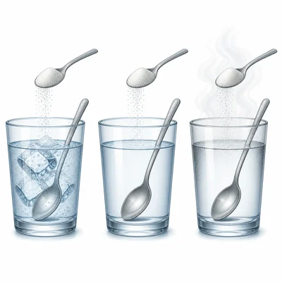 Three cups of cold, room-temperature, and hot water with sugar being stirred.