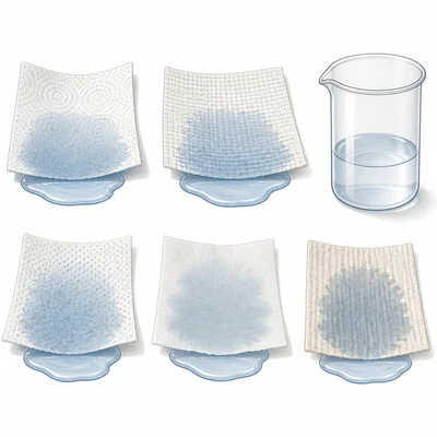Different paper towels absorbing water from small puddles.