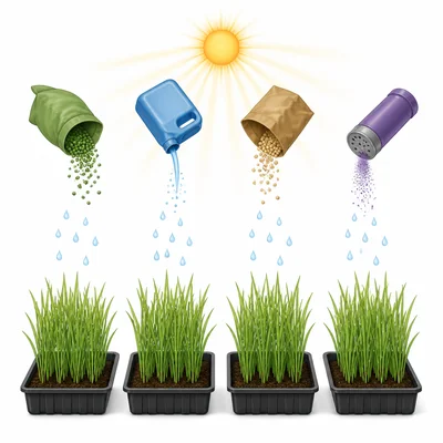 Grass trays treated with different fertilizers while other conditions stay the same.
