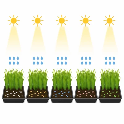 Grass trays with the same soil, water, and light but different fertilizers.