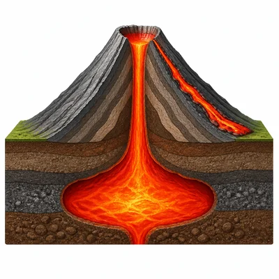 Cutaway view of a volcano with magma below and lava flowing from the top.