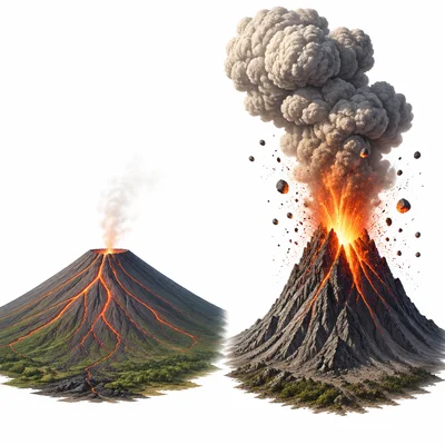 Side-by-side quiet lava flow eruption and explosive ash eruption.