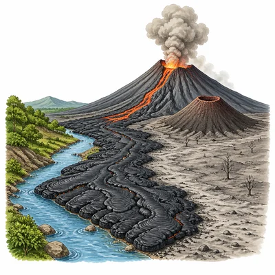 A volcanic eruption changes the land with new rock, ash, and a small cone.