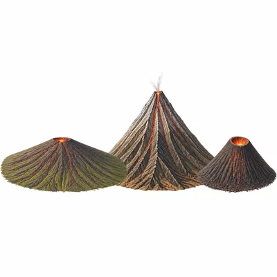 Three different volcano shapes: shield, composite, and cinder cone.