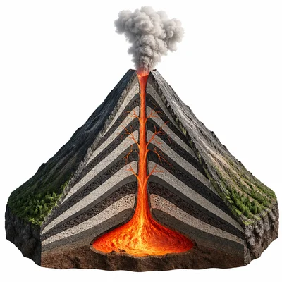 A steep composite volcano showing layered rock and ash.