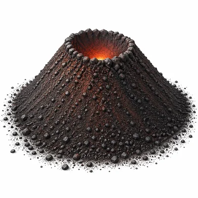 A small steep cinder cone volcano with a crater and scattered cinders.