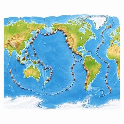 World map showing many volcanoes along plate boundaries, especially around the Pacific.