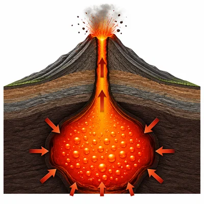 Pressure from gas in magma pushes upward inside a volcano.