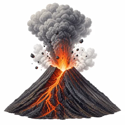 A volcano erupting lava, ash, gas, and rock fragments.