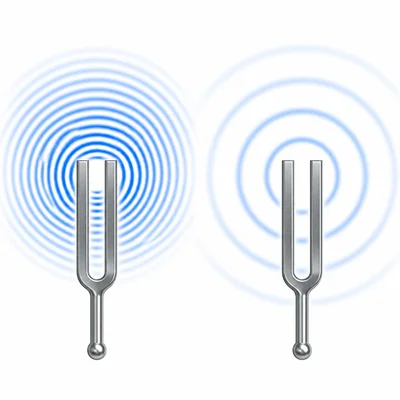 Two tuning forks producing sound waves with different spacing.