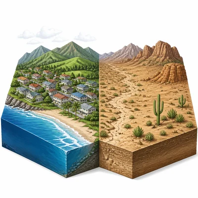 A coastal town near the ocean compared with a dry inland desert.