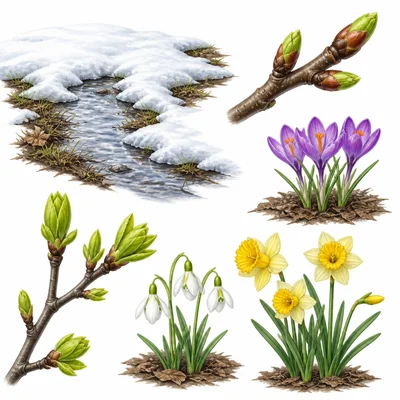 Spring signs such as melting snow, buds, and new flowers.