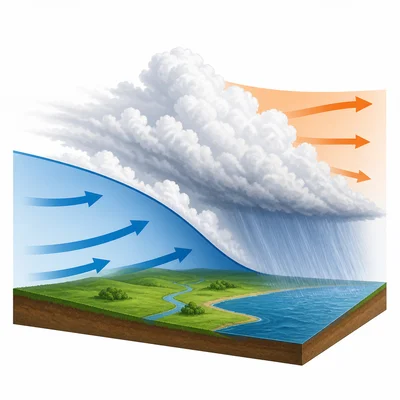 Cool air pushing under warm air and forming clouds and rain.