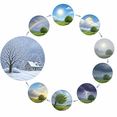One snowy day contrasted with many different weather patterns over time.