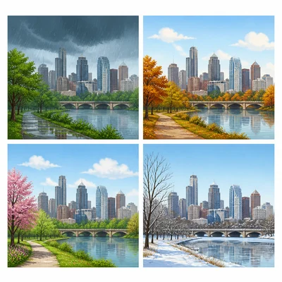 A city shown with rainy summers and dry winters across seasons.