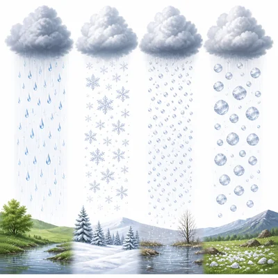 Different forms of precipitation falling from clouds.