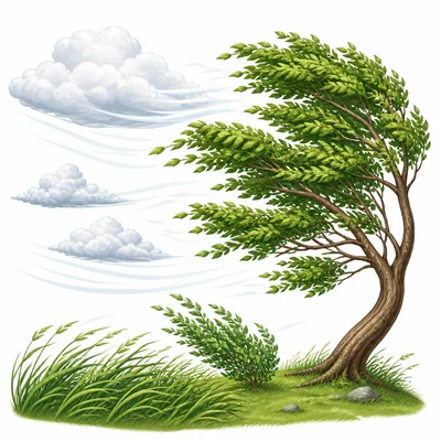 Wind moving clouds and bending trees.