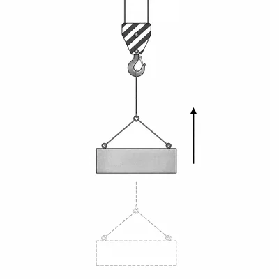 A crane hook lifting a load straight upward with an upward motion arrow.