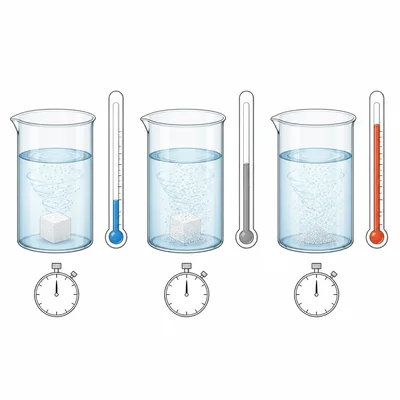 Three beakers at different temperatures show sugar dissolving with stopwatches nearby.