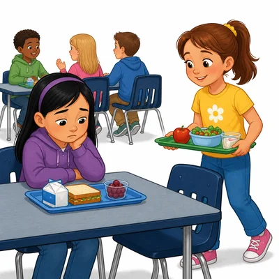 A child approaches a lonely classmate at lunch.